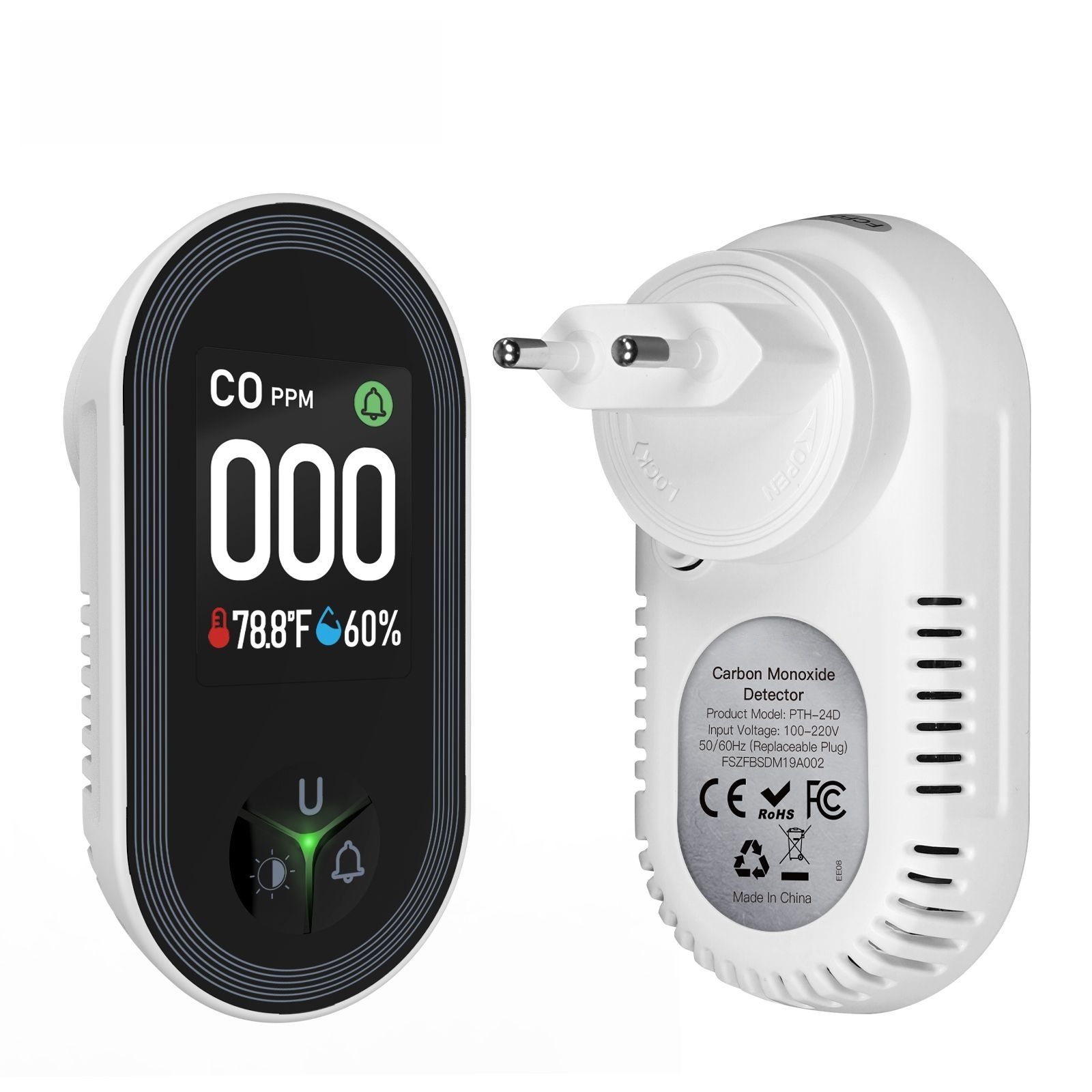 Co Detector Plug - Carbon Monoxide Detector: 3-in-1 CO Temp